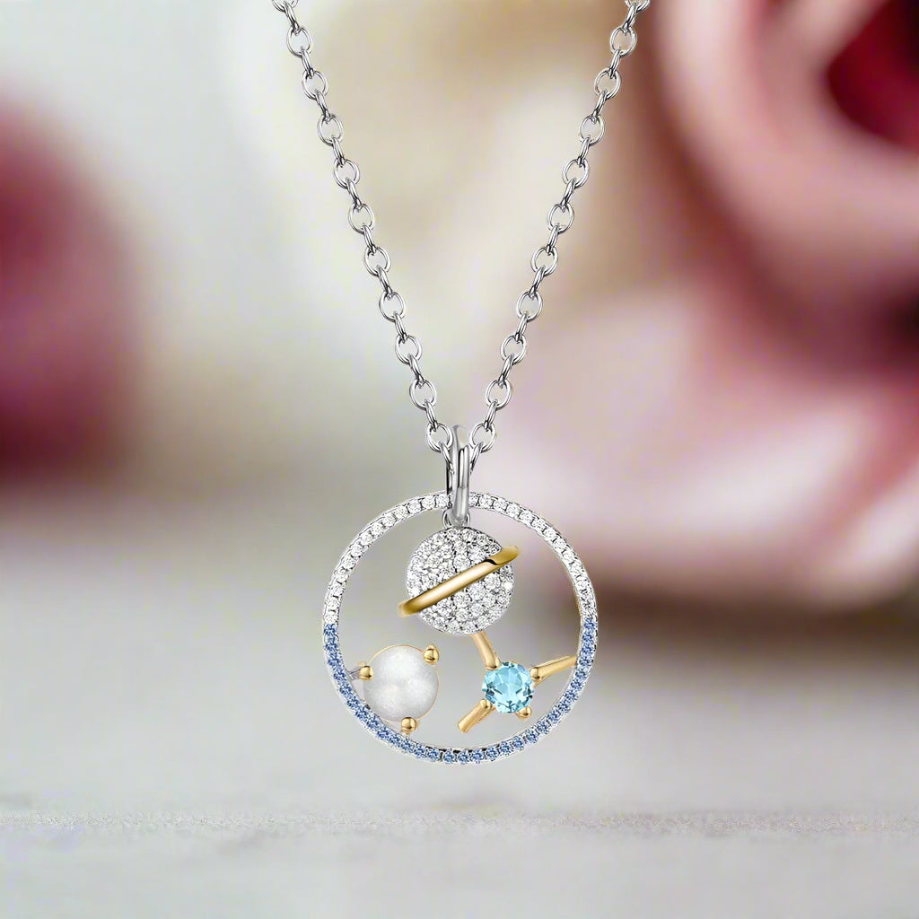 Planet Swiss Blue Topaz Moonstone Necklace-Black Diamonds New York