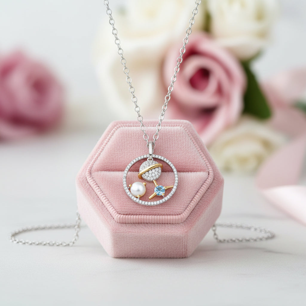 Planet Swiss Blue Topaz Moonstone Necklace-Black Diamonds New York