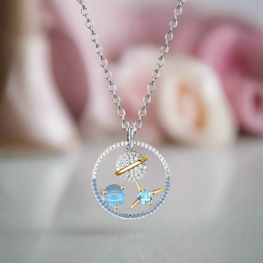 Planet Swiss Blue Topaz Moonstone Necklace-Black Diamonds New York