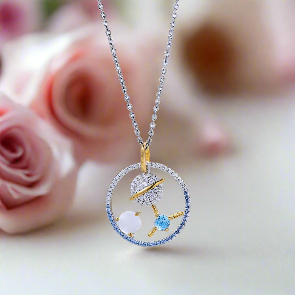 Planet Swiss Blue Topaz Moonstone Necklace-Black Diamonds New York