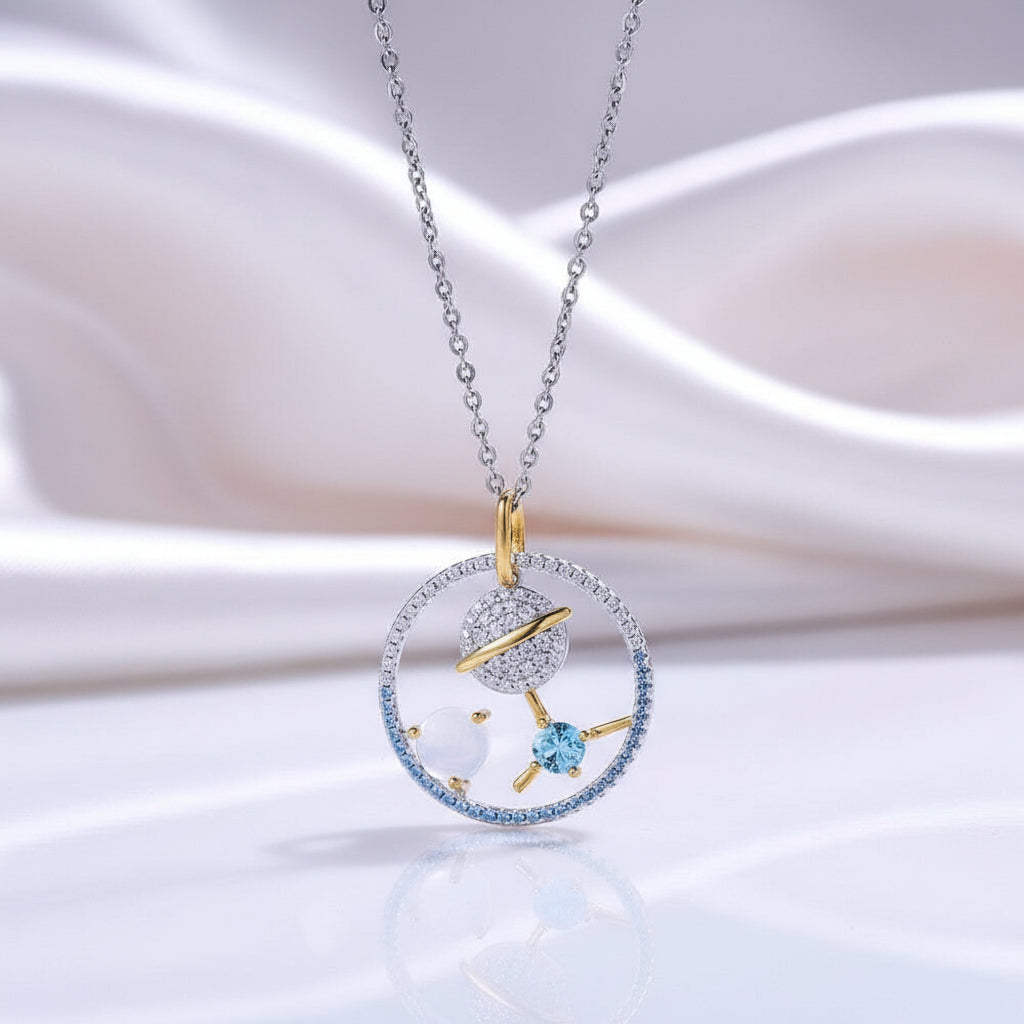Planet Swiss Blue Topaz Moonstone Necklace-Black Diamonds New York