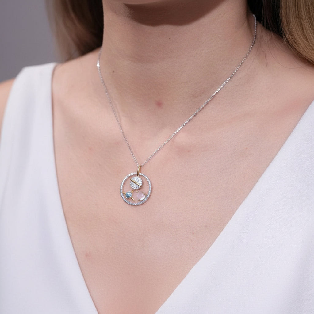 Planet Swiss Blue Topaz Moonstone Necklace-Black Diamonds New York