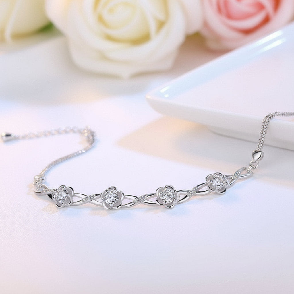 Platinum & Silver Flower Sweet Bracelet-Black Diamonds New York