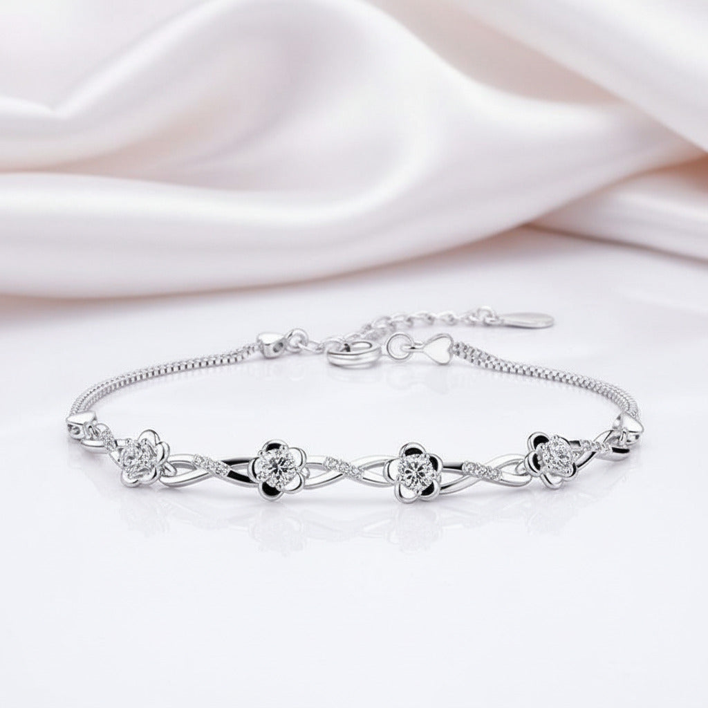 Platinum & Silver Flower Sweet Bracelet-Black Diamonds New York