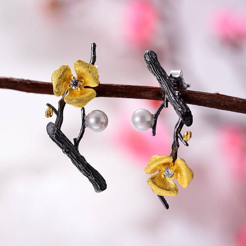 Plum Blossom Flower Drop Earrings-Black Diamonds New York