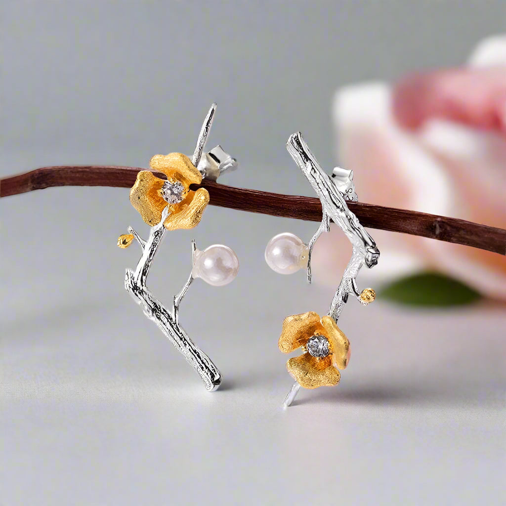 Plum Blossom Flower Drop Earrings-Black Diamonds New York