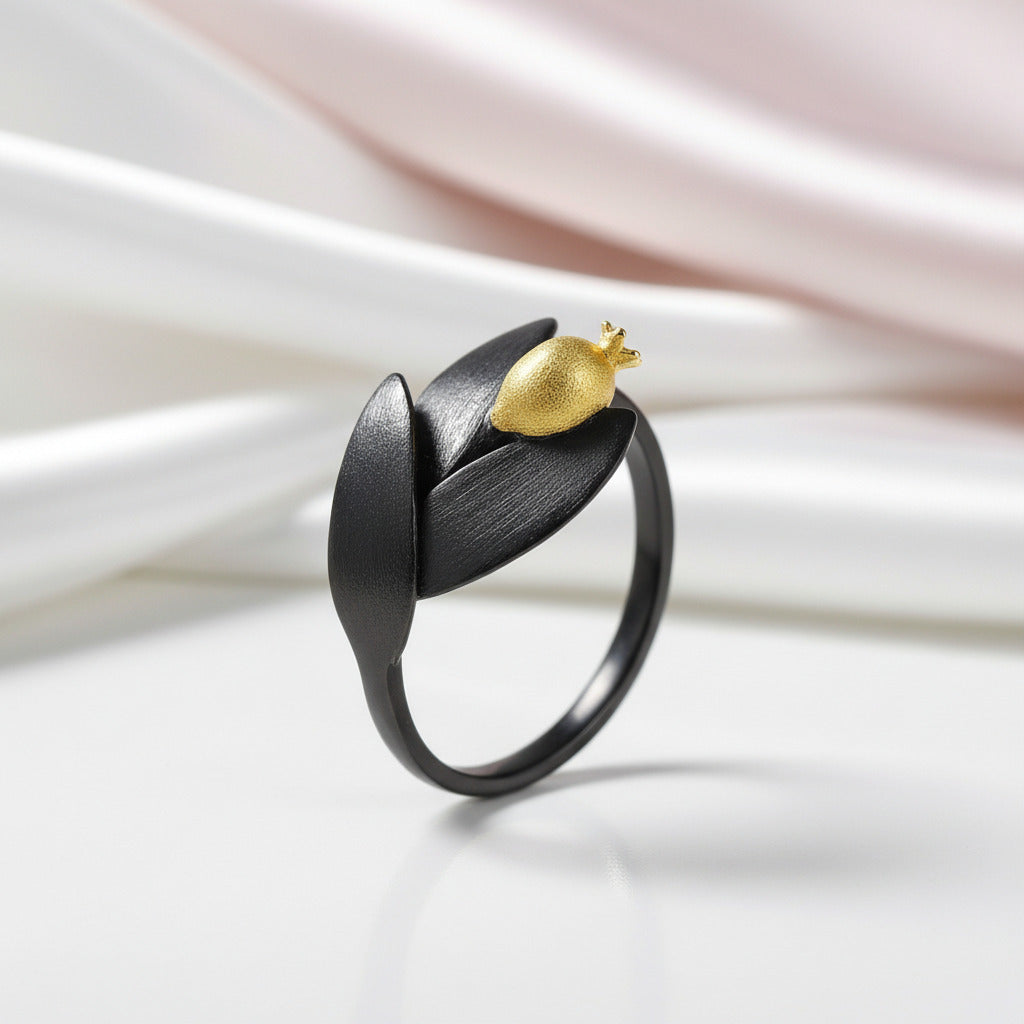 Pomegranate Fruit Leaves & Branch Adjustable Rings-Black Diamonds New York