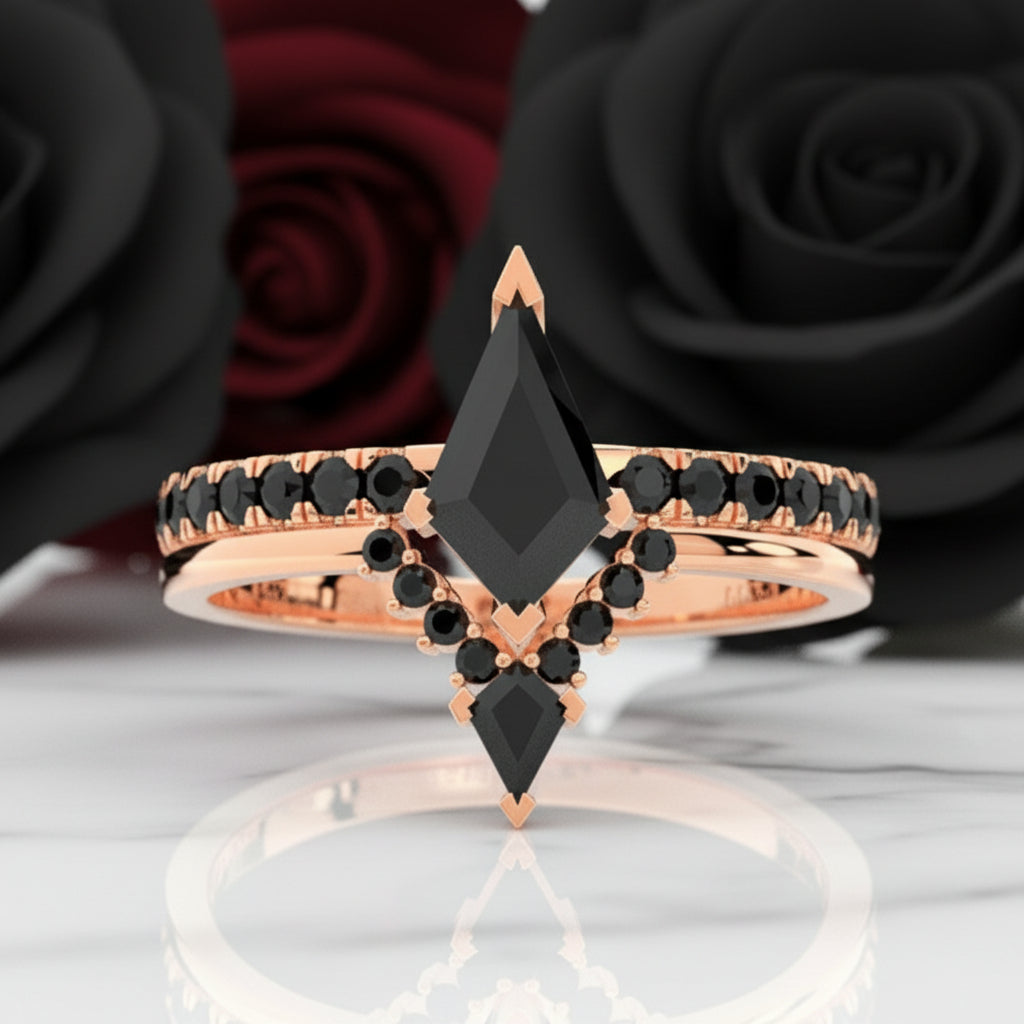 Power- Colorless Kite-Shaped Diamond Option 14k White Gold Unique Ring-Black Diamonds New York