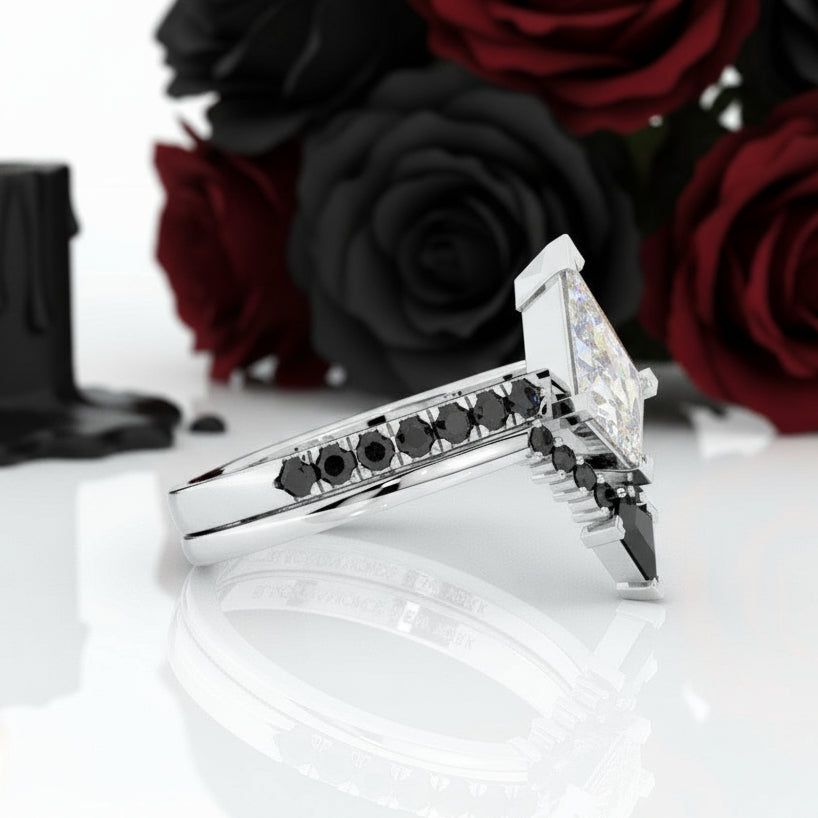 Power- Colorless Kite-Shaped Diamond 14k White Gold Unique Ring-Black Diamonds New York