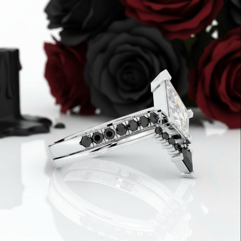 Power- Colorless Kite-Shaped Diamond Option 14k White Gold Unique Ring-Black Diamonds New York