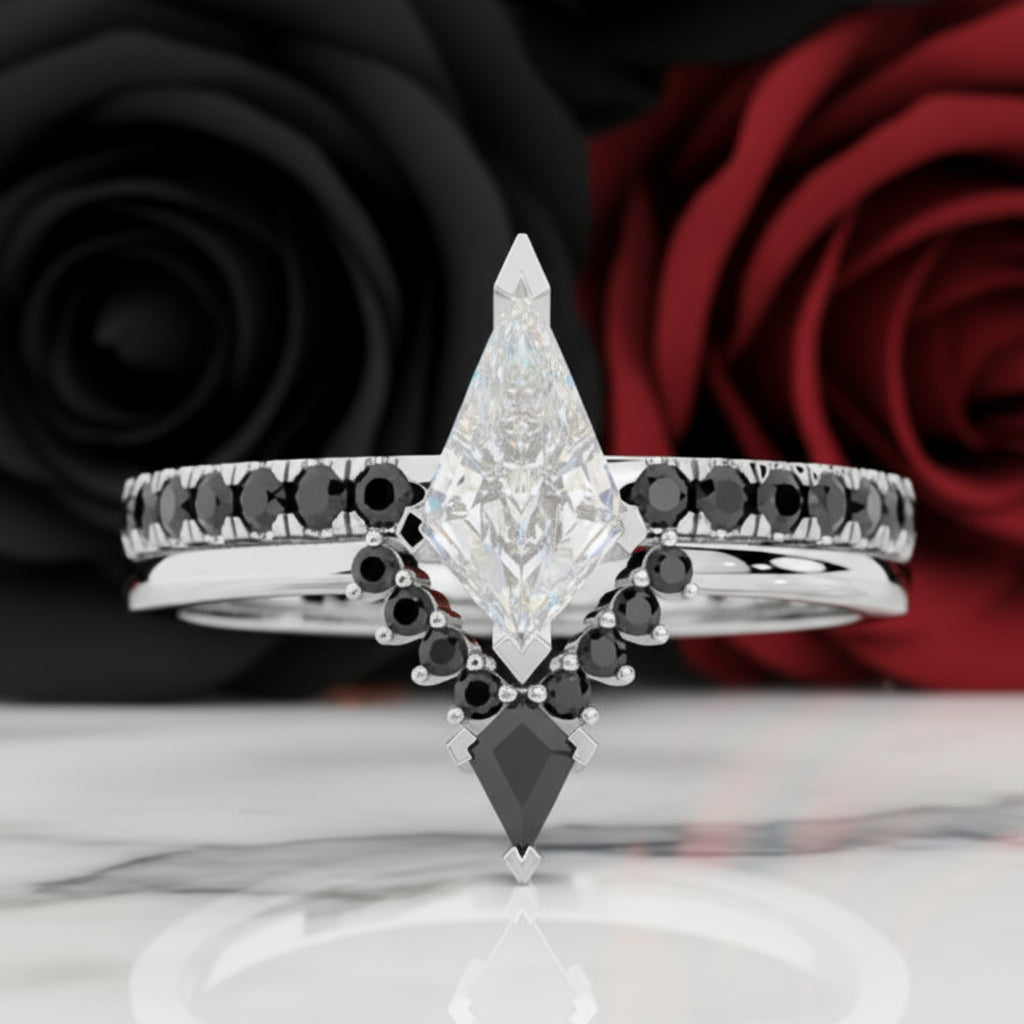 Power- Colorless Kite-Shaped Diamond Option 14k White Gold Unique Ring-Black Diamonds New York