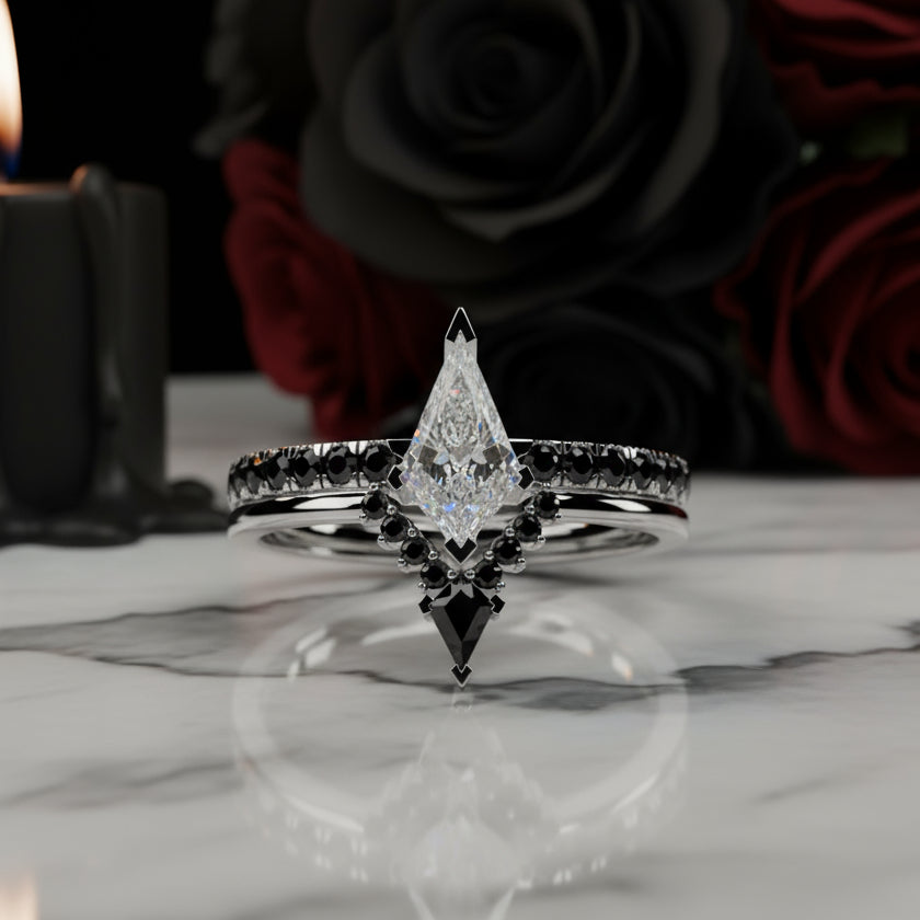 Power- Colorless Kite-Shaped Diamond 14k White Gold Unique Ring-Black Diamonds New York