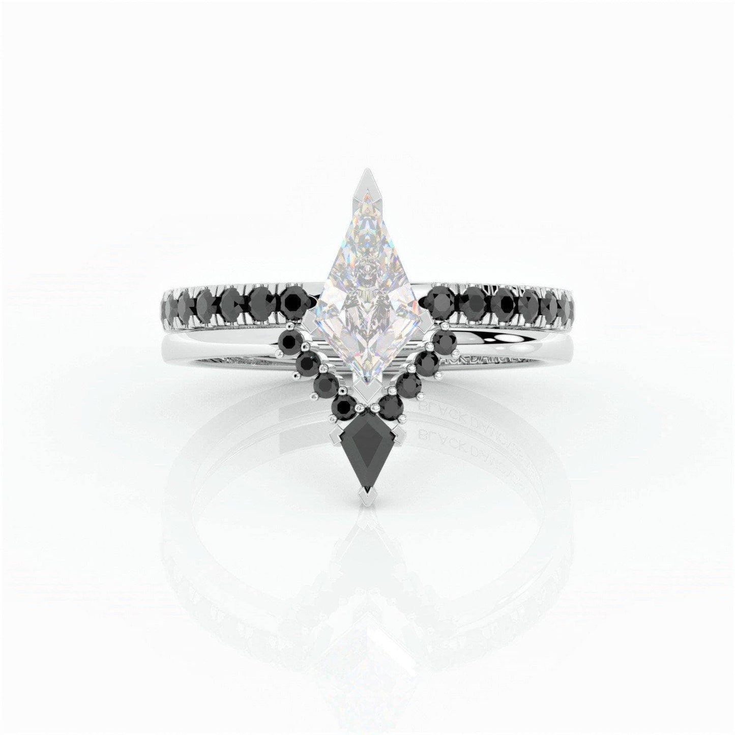Power- Colorless Kite-Shaped Moissanite Diamond 14k White Gold Unique Ring-Black Diamonds New York