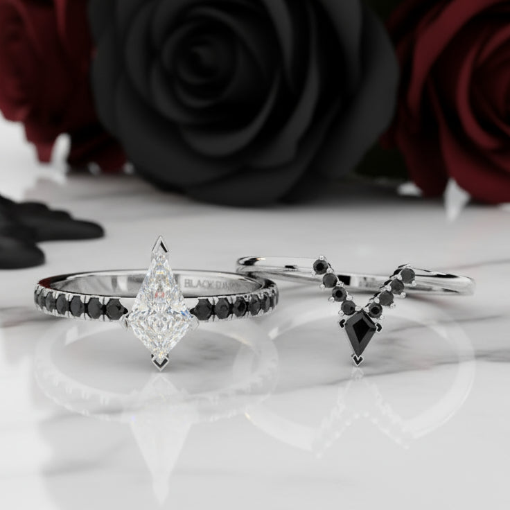 Power- Colorless Kite-Shaped Diamond 14k White Gold Unique Ring-Black Diamonds New York