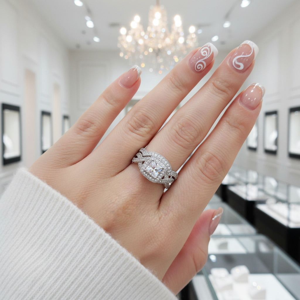 Princess Cut Diamond Halo Criss Cross Wedding Ring Set-Black Diamonds New York