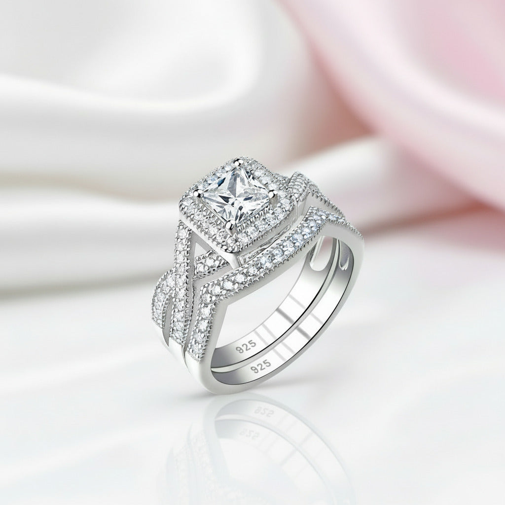 Princess Cut Diamond Halo Criss Cross Wedding Ring Set-Black Diamonds New York