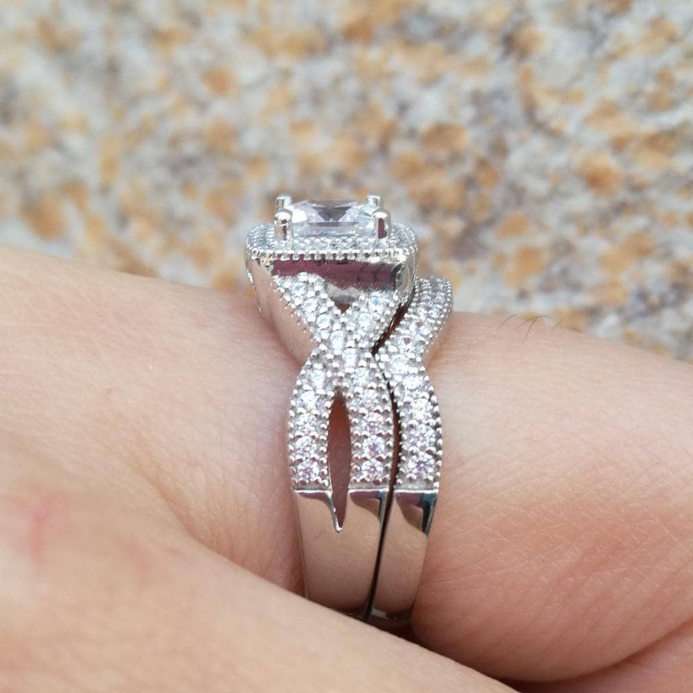 Princess Cut Created Diamond Halo Criss Cross Wedding Ring Set-Black Diamonds New York