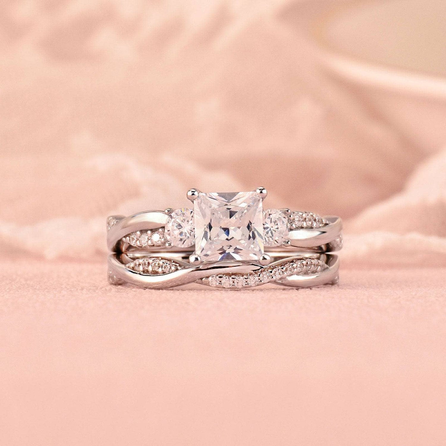Princess Cut Created Diamond Eternity Twist Cross Wedding Ring Set-Black Diamonds New York