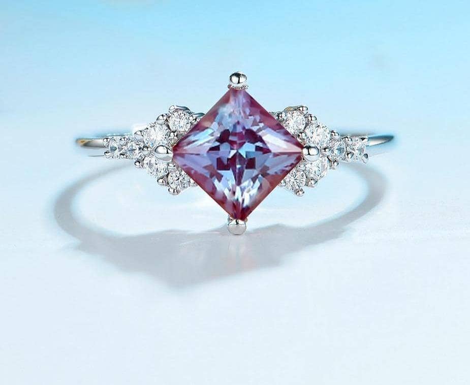 Princess Cut Lab Alexandrite Gemstone Ring-Black Diamonds New York