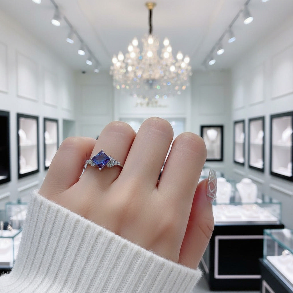 Princess Cut Lab Alexandrite Gemstone Ring-Black Diamonds New York