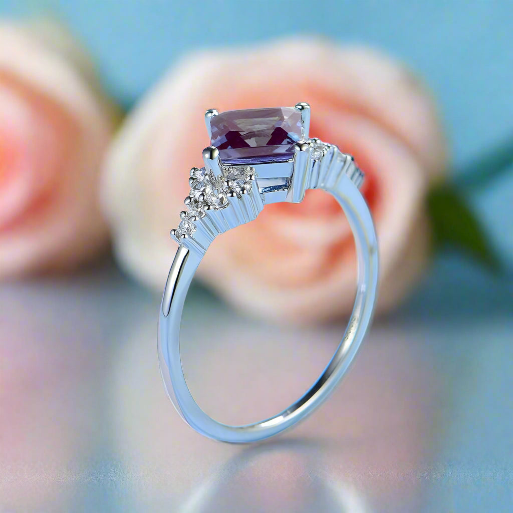 Princess Cut Lab Alexandrite Gemstone Ring-Black Diamonds New York