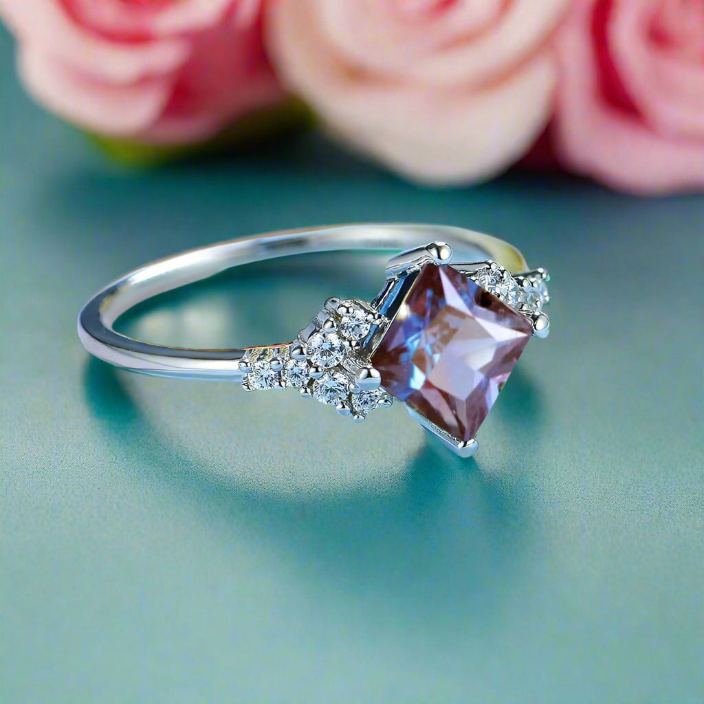 Princess Cut Lab Alexandrite Gemstone Ring-Black Diamonds New York