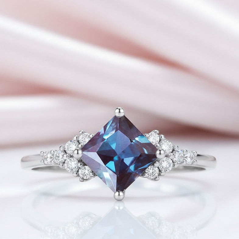 Princess Cut Lab Alexandrite Gemstone Ring-Black Diamonds New York