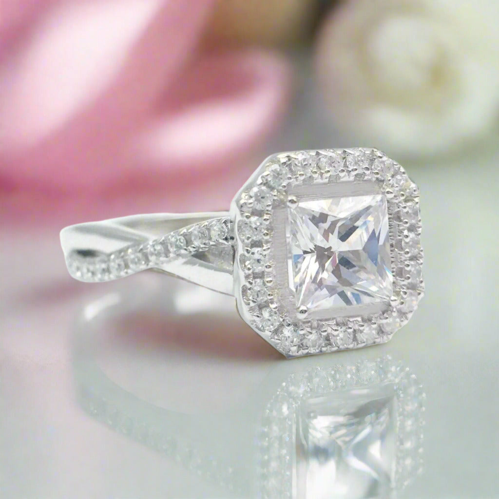 Princess Cut Diamond Halo Vintage Engagement Ring-Black Diamonds New York