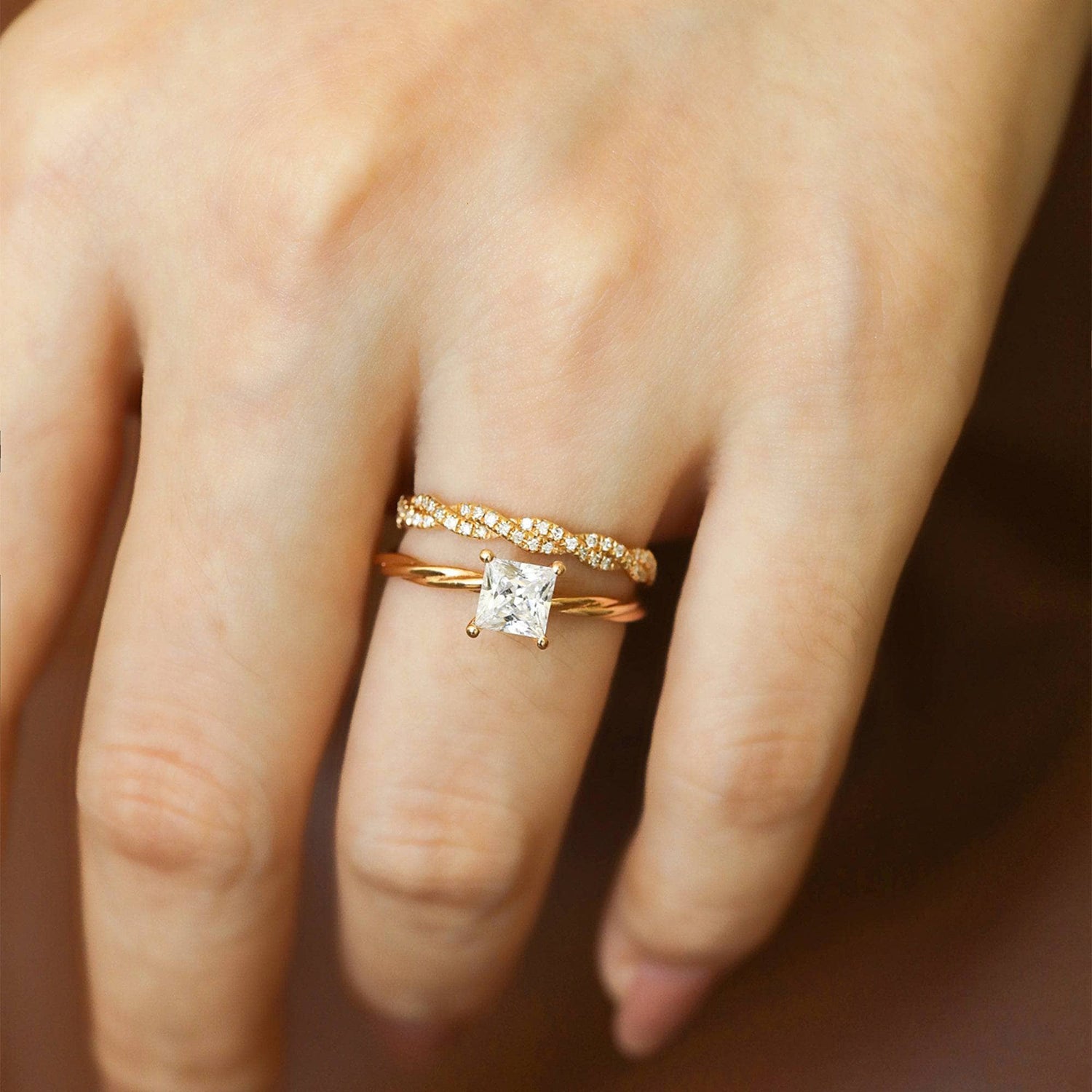 Princess Cut Moissanite Twist Wedding Ring Set - Black Diamonds New York