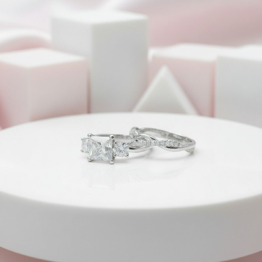 Princess Cut Diamond Twist Wedding Ring Set-Black Diamonds New York