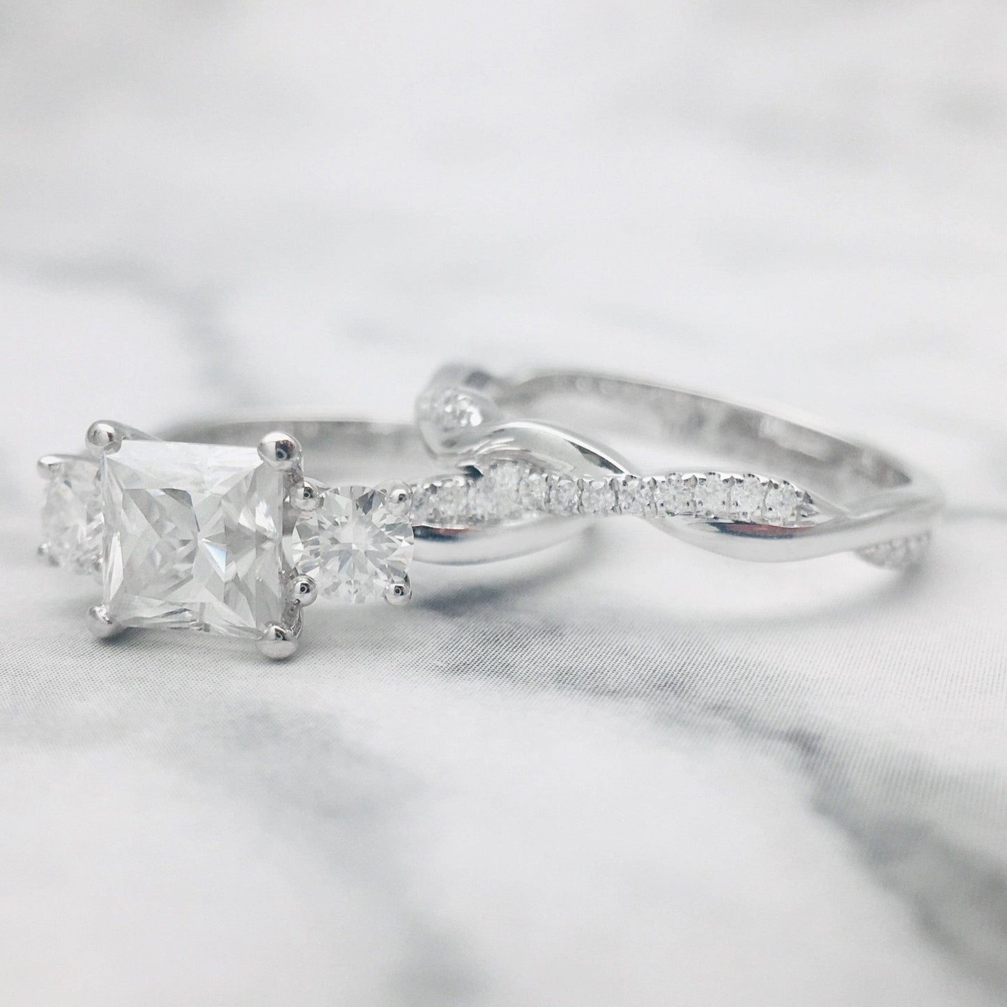 Princess Cut Moissanite Twist Wedding Ring Set-Black Diamonds New York