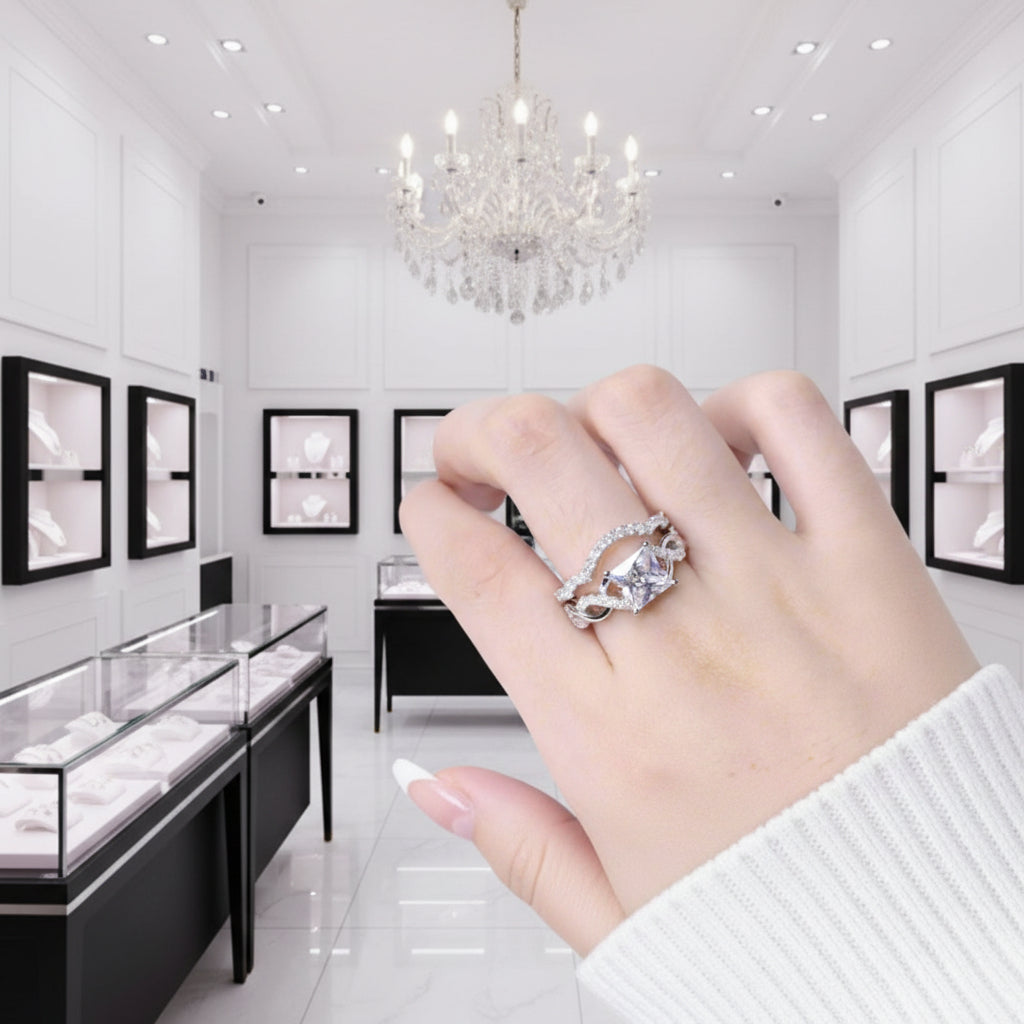Princess Cut Diamond Option Twisted Band Ring Set-Black Diamonds New York