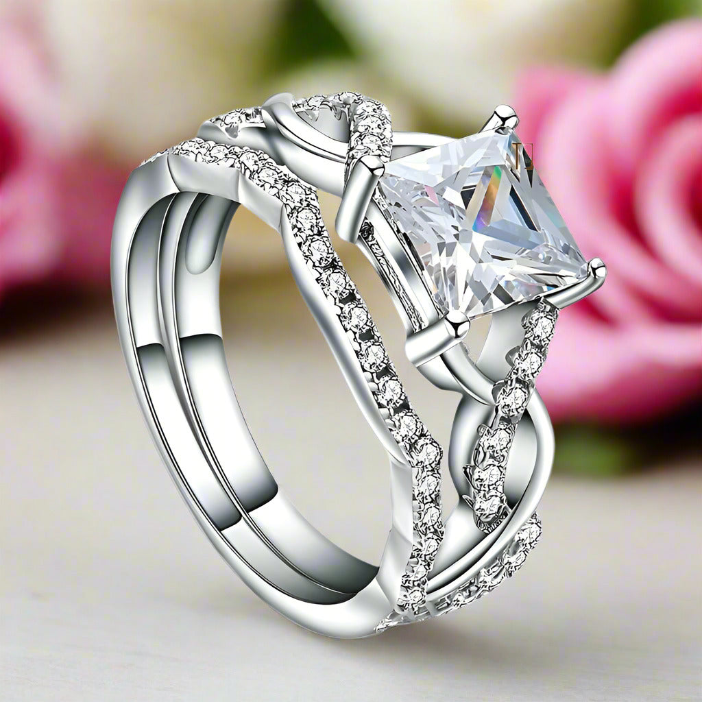 Princess Cut Diamond Twisted Band Ring Set-Black Diamonds New York