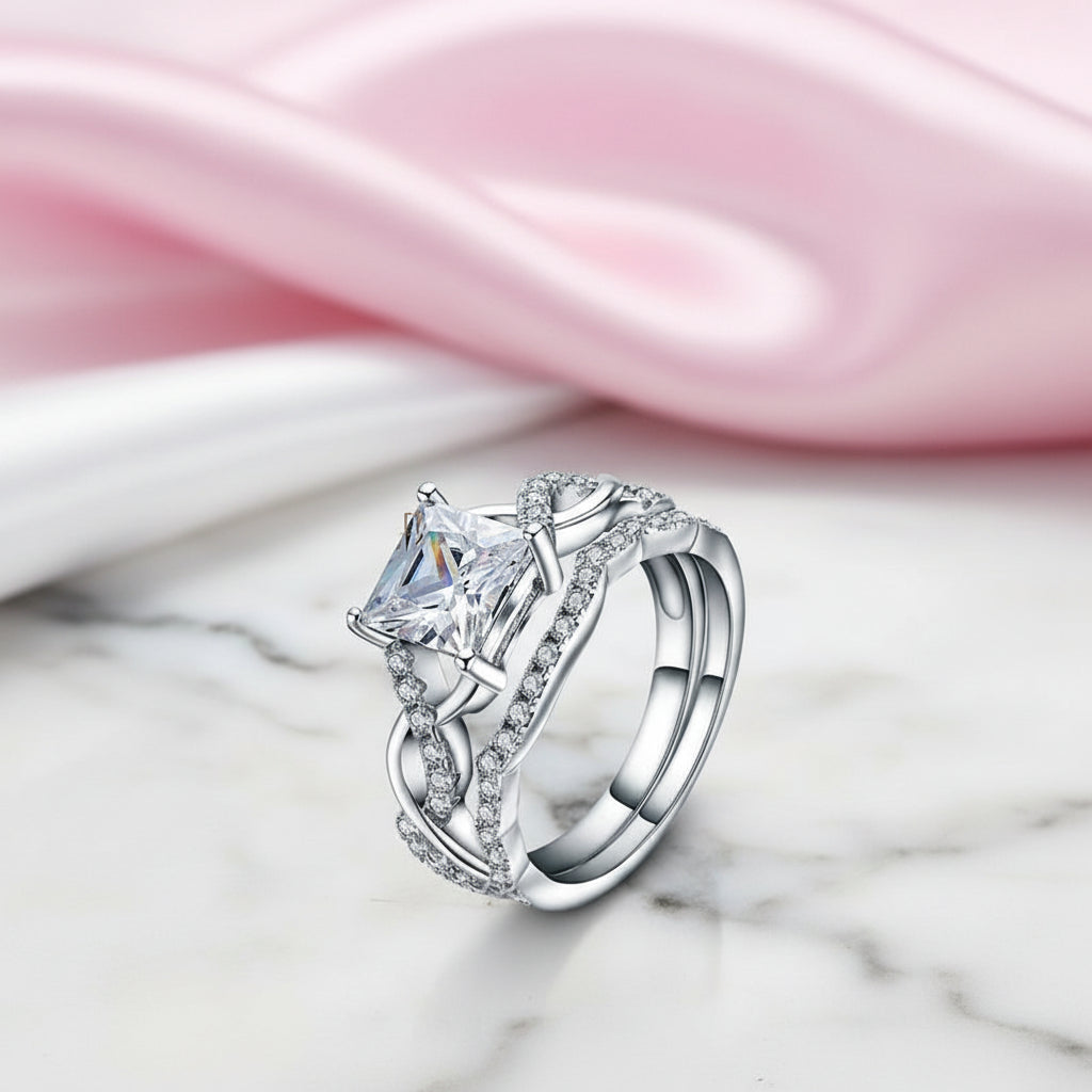Princess Cut Diamond Option Twisted Band Ring Set-Black Diamonds New York