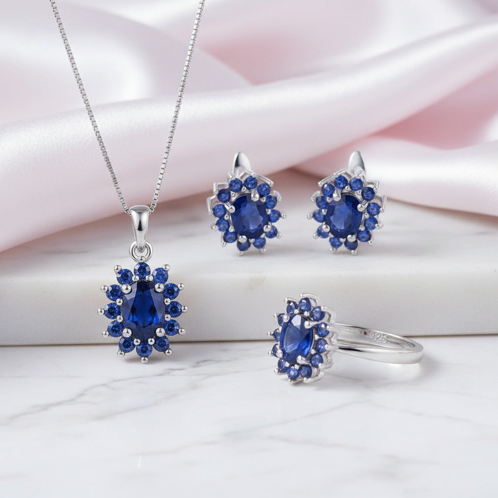 Princess Diana Inspired Natural Blue Sapphire Jewelry Set-Black Diamonds New York