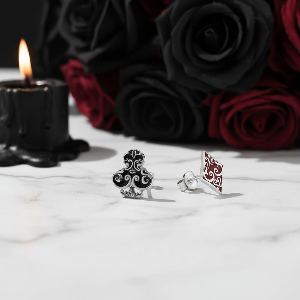 Punk Asymmetric Poker Card Symbols Stud Earrings-Black Diamonds New York