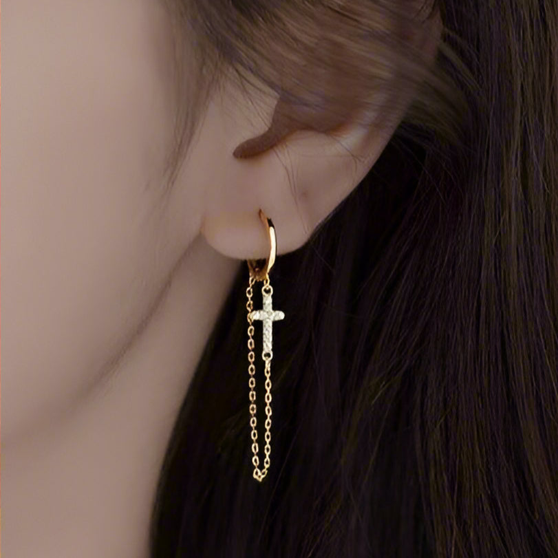 Punk Cross Diamond Hoop Earrings-Black Diamonds New York