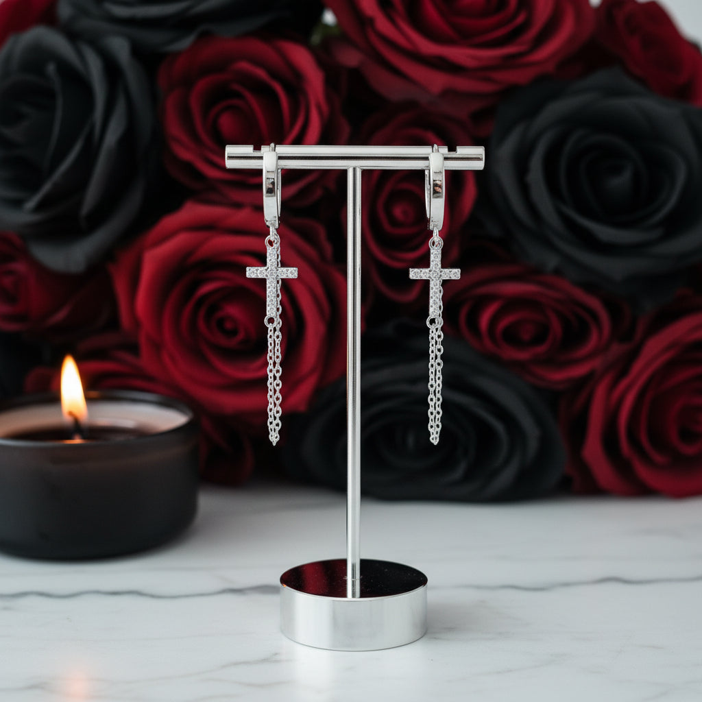 Punk Cross Diamond Option Hoop Earrings-Black Diamonds New York