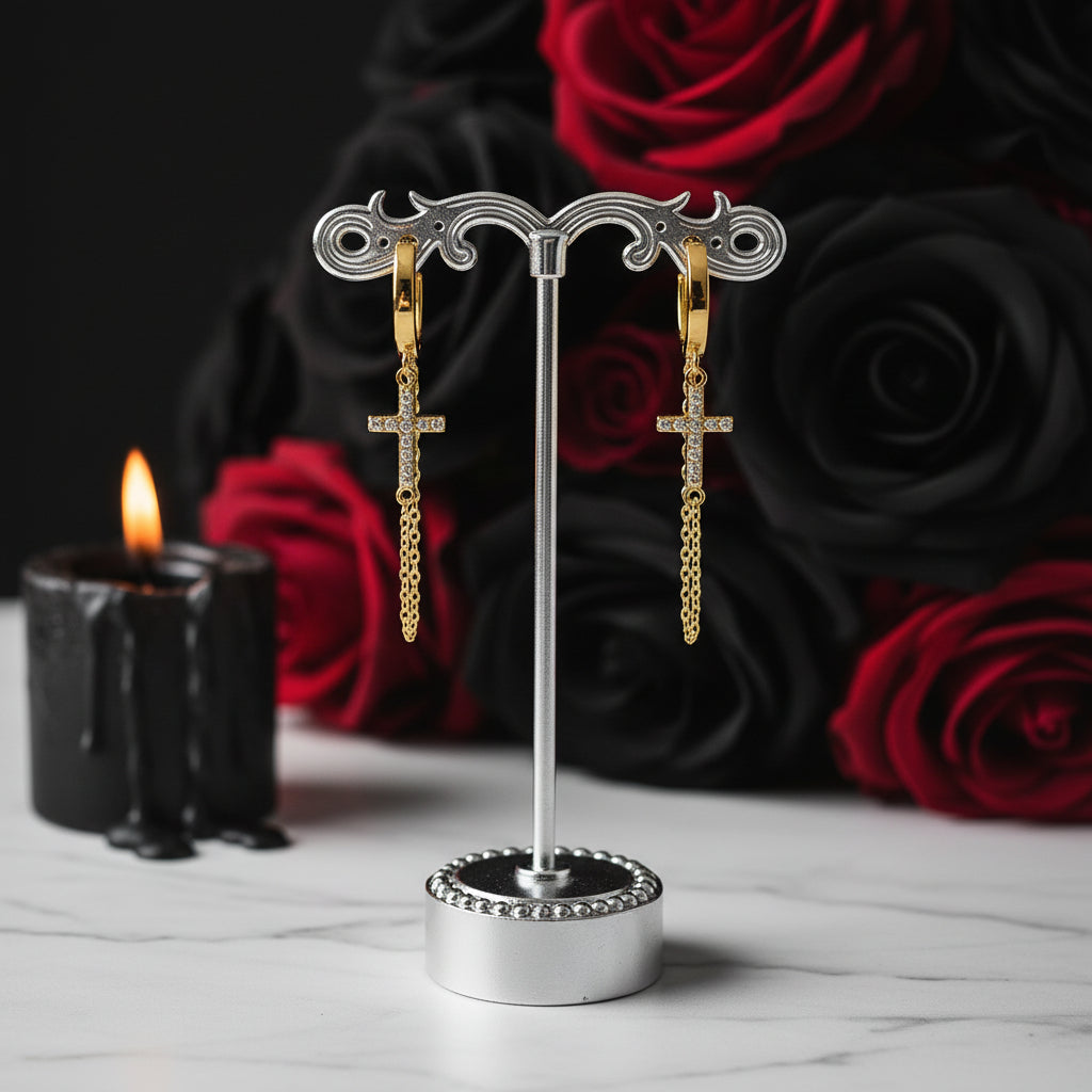 Punk Cross Diamond Option Hoop Earrings-Black Diamonds New York