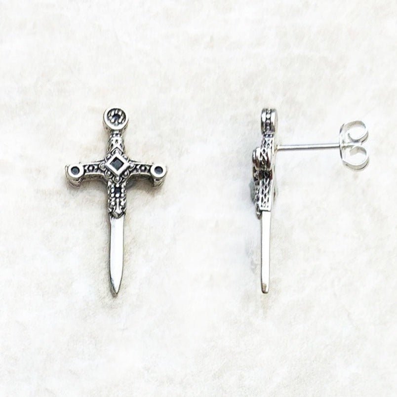 Punk Cross Sword Stud Earrings-Black Diamonds New York