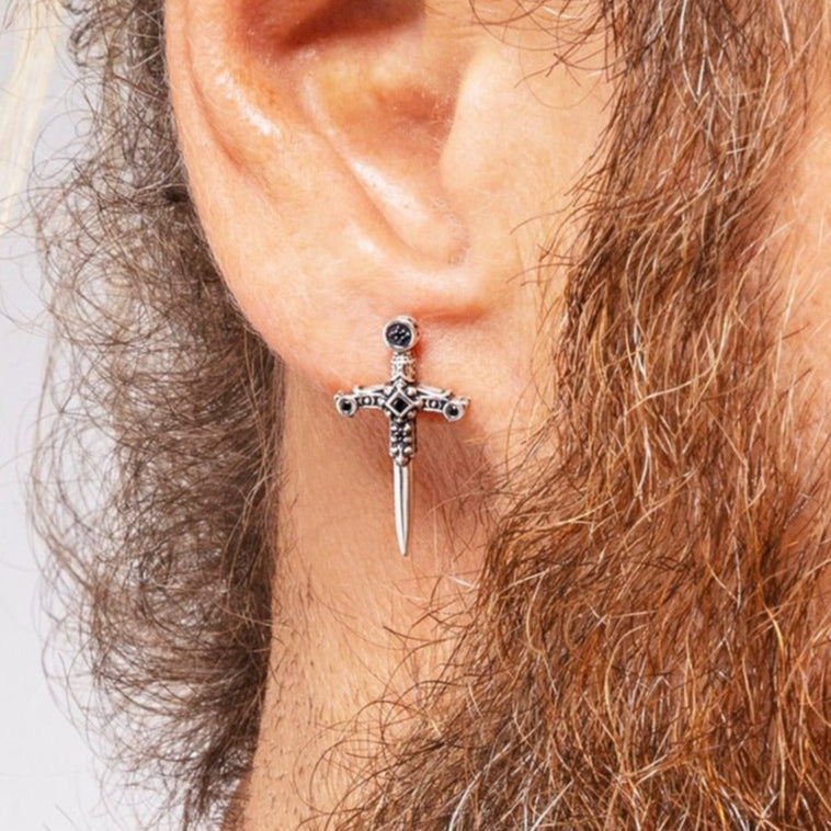 Punk Cross Sword Stud Earrings-Black Diamonds New York