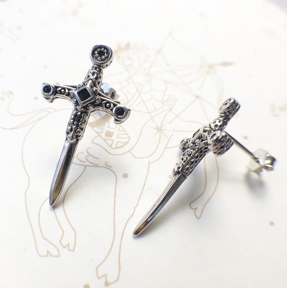 Punk Cross Sword Stud Earrings-Black Diamonds New York
