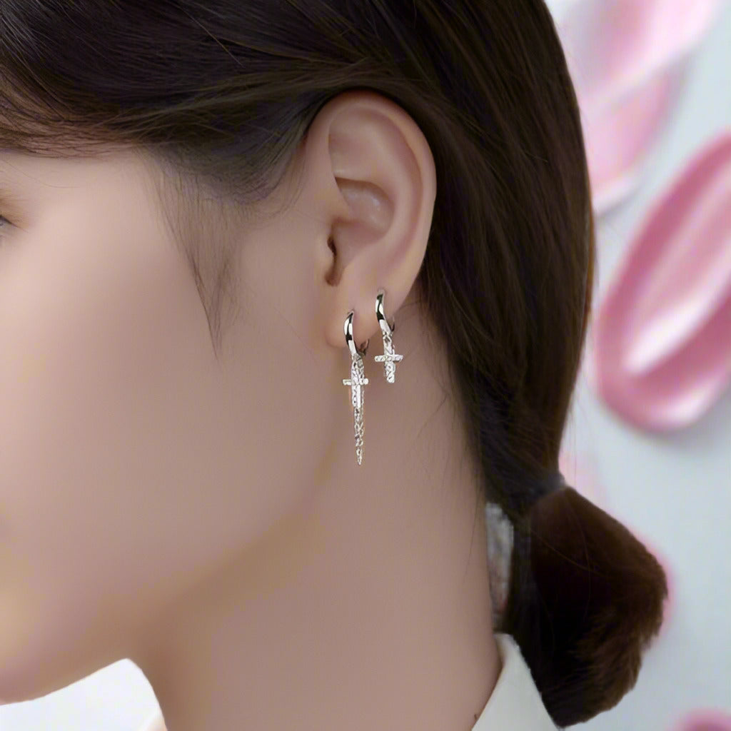 Punk Diamond Cross Chain Hoop Earrings-Black Diamonds New York