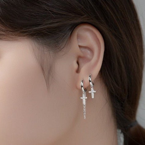 Punk Diamond Option Cross Chain Hoop Earrings-Black Diamonds New York