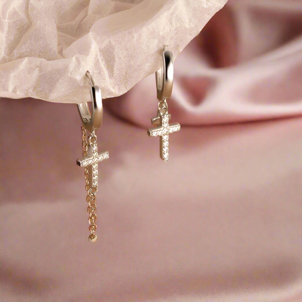 Punk Diamond Cross Chain Hoop Earrings-Black Diamonds New York