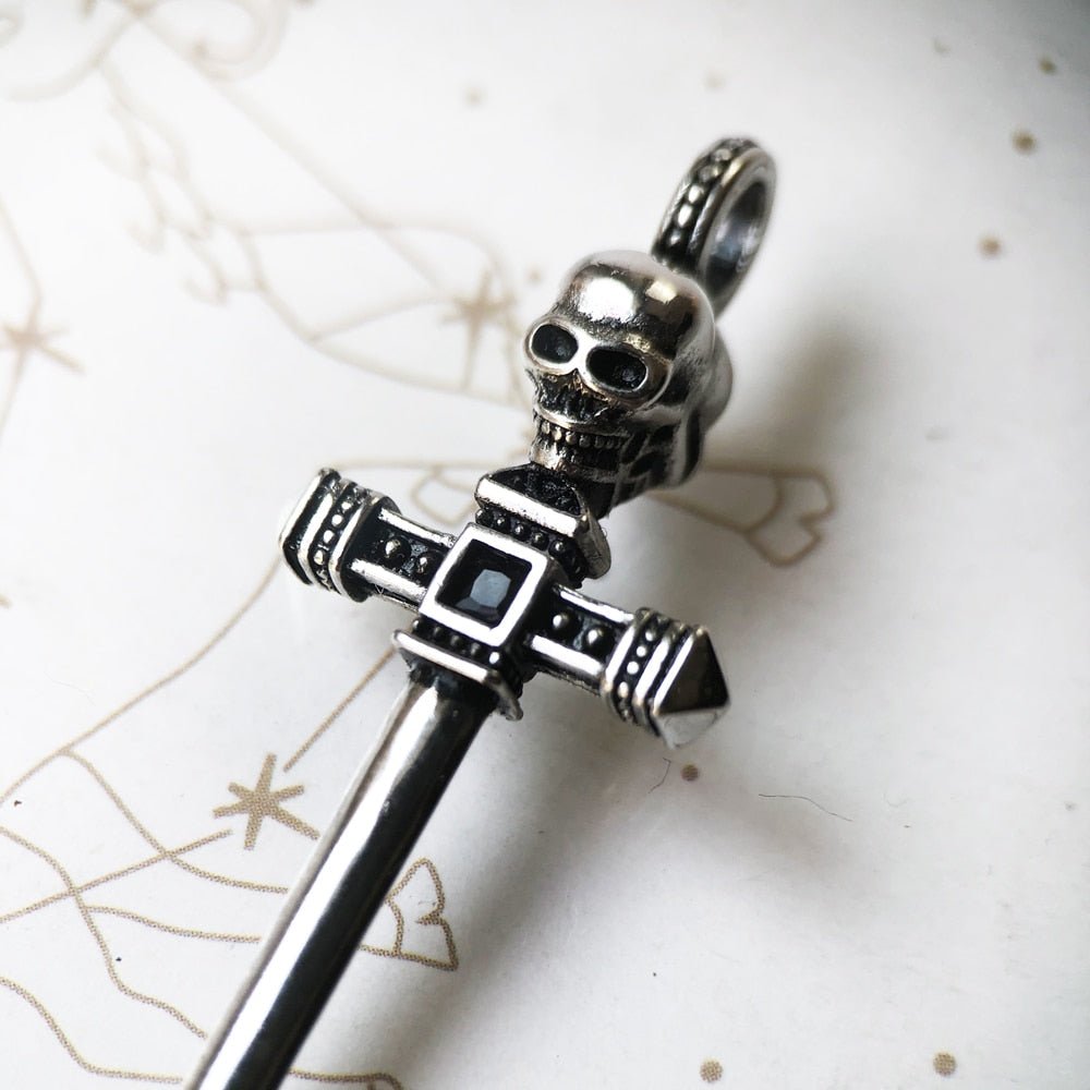 Punk Skull & Hammer Hilt Sword Pendant-Black Diamonds New York