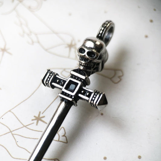 Punk Skull & Hammer Hilt Sword Pendant-Black Diamonds New York
