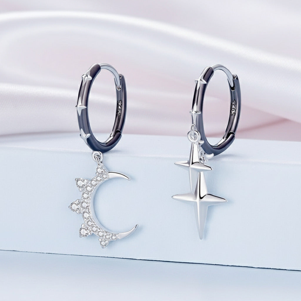 Punk Star & Moon Ear Buckles Asymmetric Hoop Earrings-Black Diamonds New York