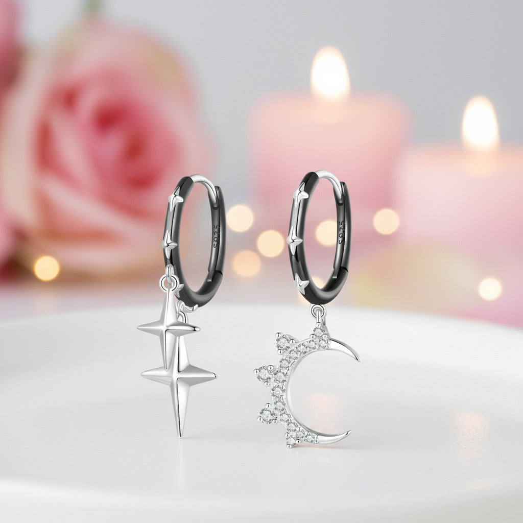 Punk Star & Moon Ear Buckles Asymmetric Hoop Earrings-Black Diamonds New York
