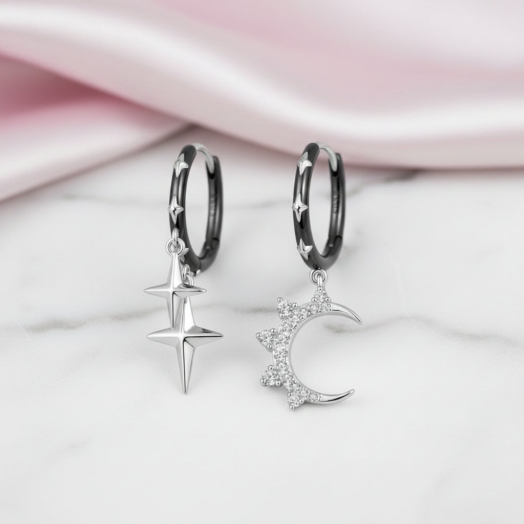 Punk Star & Moon Ear Buckles Asymmetric Hoop Earrings-Black Diamonds New York